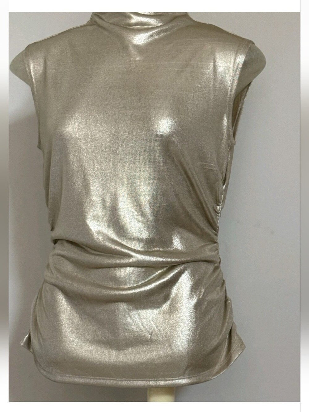 Rebecca Minkoff Shimmery Gold Mock Neck Top With Ruching - Picture 4 of 11